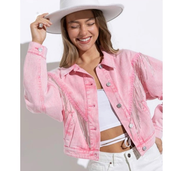 NEW Blue b Pink Distress Rhinestone Fringe Trim Western Festival Jean Jacket S - Picture 2 of 10